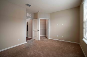 A living room with carpet and a door to a closet